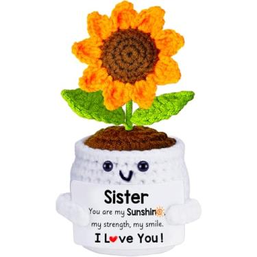 Imagem de Presentes de aniversário para irmã, presentes positivos de girassol de crochê, presente de apoio emocional inspirador para irmãs, amigo de alma presente para mulheres meninas