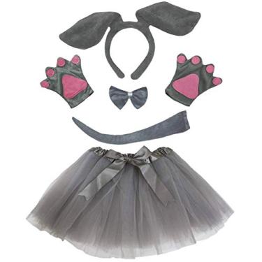 Imagem de Petitebella Tiara de cachorro de orelha longa com laço e luvas tutu 5 peças fantasia para menina 1-8 anos (5-8 anos, cinza)