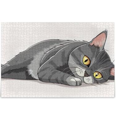 Imagem de Quebra-cabeça engraçado de gato cinza deitado personalizado 500 peças paisagem adulto arte animal quebra-cabeças exclusivos para adultos jogo de quebra-cabeça presentes tecnológicos, 52 cm x 37,8 cm