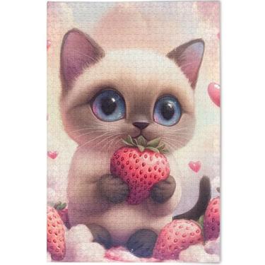 Imagem de Quebra-cabeças personalizados de gato siamês de morango 500 peças para adultos flor pintura animal quebra-cabeças divertidos para adultos quebra-cabeça engraçado, 52 cm x 37,8 cm