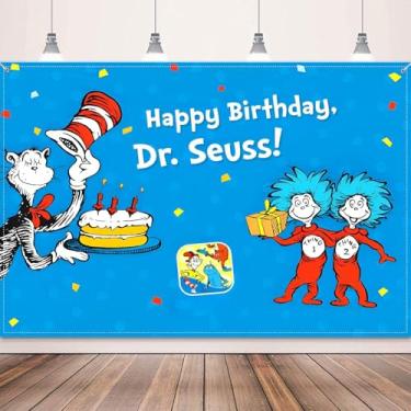 Imagem de Decorações de festa de aniversário, faixa de fundo de gato feliz aniversário 1,5 x 9 m, decoração temática azul, faixa de fundo para cabine de fotos, adereços para decoração de festa em sala de aula
