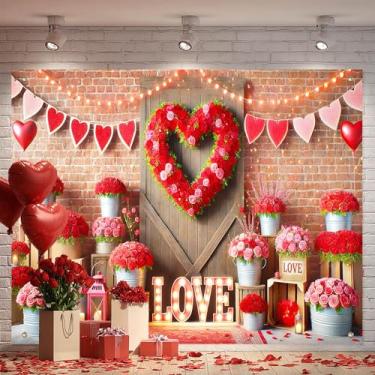 Imagem de BlissYard Cenário rústico para fotografia de coração rosa, cenário de amor, 20 x 1,8 m, porta de madeira, parede de tijolo para decoração de dia dos namorados, dia das mães, foto de fundo de festa