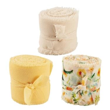 Imagem de Beadthoven 3 rolos de fitas de chiffon amarelas 16,41 jardas fitas de franjas desgastadas 3,5 cm, bordas desgastadas, fita de seda de chiffon para embrulhar convites de casamento, buquês de noiva