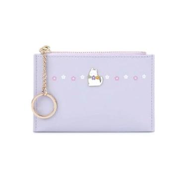 Imagem de Carteira feminina roxa fina e minimalista com bloqueio de RFID, gato fofo com zíper, moeda de grande capacidade, cartão de crédito fino