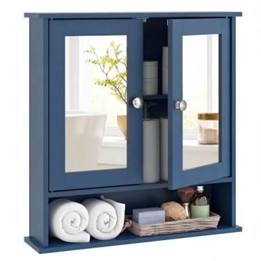 Imagem de Tangkula Armário de remédios para banheiro com espelho, organizador de parede de madeira com portas e prateleiras, armário de espelho de parede de banheiro (portas espelhadas, azul)