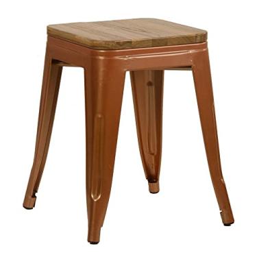 Imagem de Loft7, Banqueta baixa Iron Tolix com assento de madeira rústica clara - 45 cm - Cobre rose