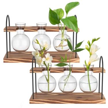 Imagem de Terrário de plantas de vidro com suporte de madeira para plantas hidropônicas, pacote com 6 vasos de vidro para lâmpadas, kit decorativo de mesa versátil para decoração de jardim de casamento em casa