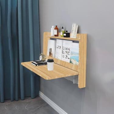 Imagem de Pequena bancada dobrável montada na parede mesa de madeira montada na parede pequena mesa de computador dobrável mesa de estudo simples com espaço de armazenamento para pequenos espaços escritórios