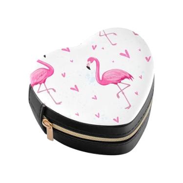 Imagem de Burbuja Caixa de joias em forma de coração de flamingos rosa mini estojo de joias de viagem para mulheres e meninas, estojo portátil organizador de armazenamento para brincos, anéis, colares e