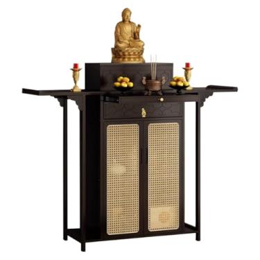 Imagem de Mesa de altar de santuário de bambu com armazenamento - Mesa de oferta budista de nogueira preta vintage, armário de nicho de buda chinês com portas de vime para meditação (160 cm/62,9")