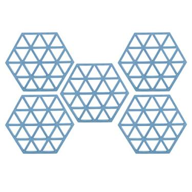 Imagem de Jogo americano de silicone hexagonal, resistente ao calor, antiderrapante, conjunto de 5 tapetes de mesa duráveis ​​para jantar, cozinha, uso doméstico, 16x14cm (Azul)