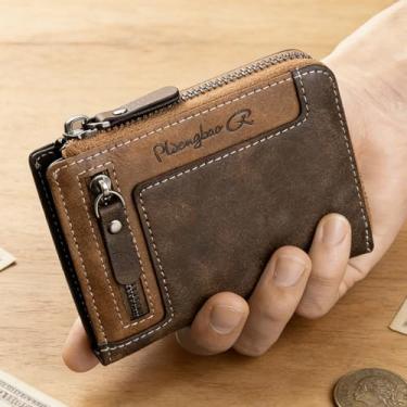 Imagem de Carteira masculina retrô com zíper de couro dobrável com bloqueio de RFID, presente para homens, Marrom, Retrô