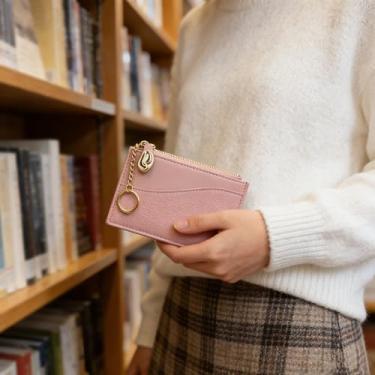 Imagem de Carteira pequena feminina moderna, porta-cartões de poliuretano macio com corrente de metal, carteira fofa de grande capacidade com 3 compartimentos para cartões, compartimento para moedas e janela de