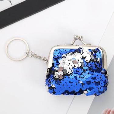 Imagem de Bolsa feminina de 7,6 cm com lantejoulas, porta-moedas, com chaveiro, brilhante, mini bolsa de troca de moedas, carteira de lantejoulas, Azul escuro + prata