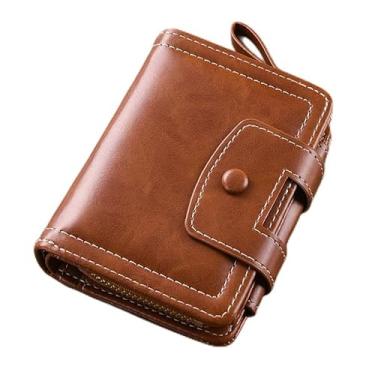 Imagem de Carteira masculina fina com bolso com zíper – Organizador compacto de poliuretano com 12 compartimentos, 12 x 10 cm (preto, café, marrom claro, cáqui), Marrom claro, Retrô
