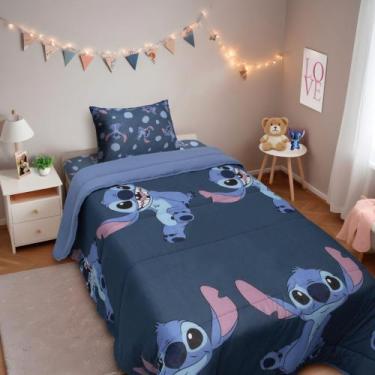 Imagem de Edredrom Casal Disney stitch estampado azul ou rosa stitch pequeno def