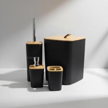 Imagem de Conjunto Banheiro 4 Peças Bambu Completo Com Tampa Lixeira Porta Escov