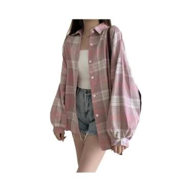 Imagem de Camisa Jaqueta Feminina Oversized Xadrez Tartan Manga Longa Com Botões