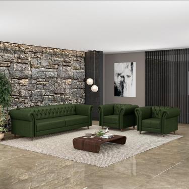 Imagem de Conjunto Sala de Estar Stanford Chesterfield Madeira Reflorestada e Couro 180cm Verde Manchado Gran Belo