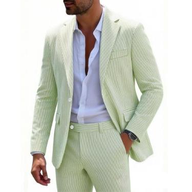 Imagem de Terno MOGU Masculino L VerdeClaro em Seersucker 2 Peças Slim