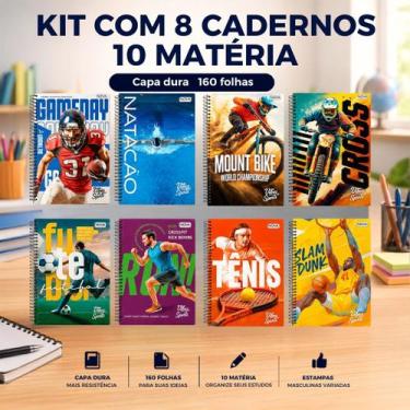 Imagem de Kit 8 Cadernos Tamanho A4 10 Matérias Capa Dura Masculino Nova Mix