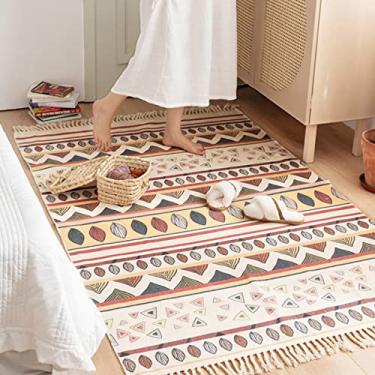 Imagem de Tapete de área de algodão boêmio com franja tecida tapete de porta geométrico com borla lavável à máquina tapete de chão para varanda cozinha sala de estar