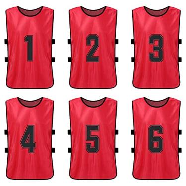 Imagem de Homtoozhii 6 peças para adultos com pinnies de futebol de secagem rápida camisetas de time de futebol juvenil esportes treinamento numerado babadores colete esportivo de treino
