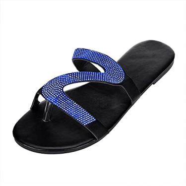 Imagem de Sandálias femininas Gibobby com salto plataforma romano confortáveis sandálias de fundo plano sem cadarço com clipe no dedo do pé sandálias de verão com tiras em T, X01 - azul, 8