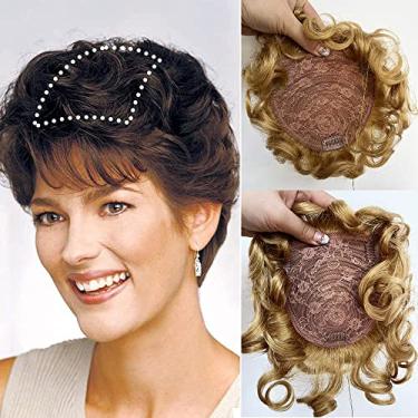 Imagem de Maery Topper de cabelo humano real encaracolado curto de 25,4 cm com franja frontal para mulheres, perucas respiráveis 13 cm x 14 cm grande cobertura feminina peruca com clipe em peças de cabelo onduladas (loiro morango)