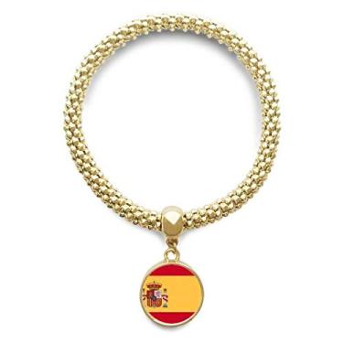 Imagem de DIYthinker Pulseira dourada com pingente redondo com bandeira nacional da Espanha Europa