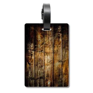 Imagem de Bolsa de mala irregular envelhecida retrô de madeira preta com etiqueta para cartão de bagagem