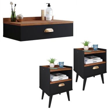 Imagem de Conjunto Quarto 2 Mesas Cabeceira Retrô Mesinha Lateral Cama E Penteadeira Suspensa Organizadora Decoração Ambiente Preto/Freijó - RPM Móveis  