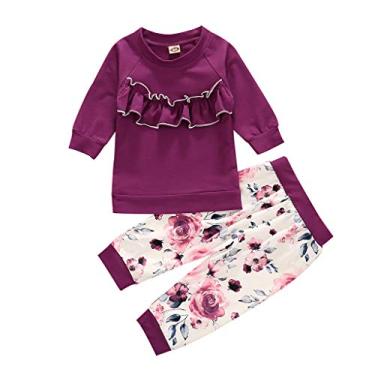 Imagem de Top Brand Baby Girl Roupas Roupas Sólidas Camiseta Infantil Floral Infantil Conjuntos de Calças Manga (Roxo, 6-12 Meses)