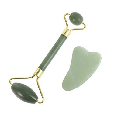 Imagem de Aventurine Gua Sha Ferramentas de massagem para raspagem, conjunto de rolos de facial, placa de guasha de pedra para tratamento de pontos de gatilho de terapia de acupuntura SPA