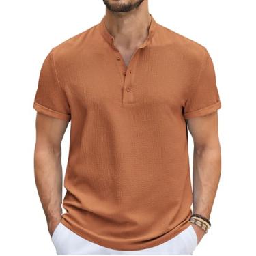 Imagem de COOFANDY Camiseta masculina casual Henley gola banda manga curta verão praia hippie camisetas, Vermelho tijolo, P