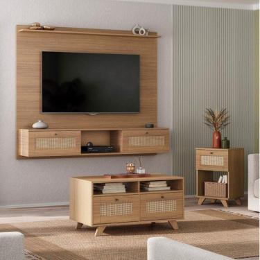 Imagem de Conjunto Sala de Estar Painel para TV até 72 Polegadas com Mesa de Centro e Mesa de Apoio Trama Carvalho