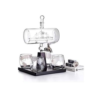 Imagem de Decantador de uísque de vidro com copos - Conjunto de decantador de álcool para garrafa de uísque de barril de 1100ml, com 4 copos de uísque, para conhaque, vinho, conhaque, rum, gin 69Tranq