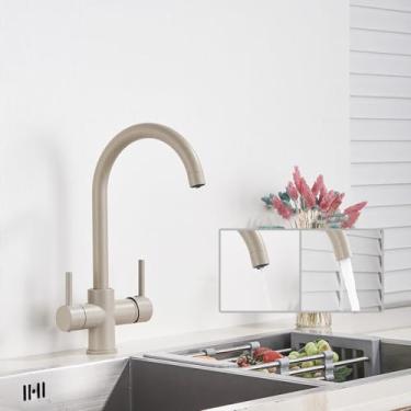 Imagem de Torneira de cozinha de água pura de latão preto e branco alça dupla água potável quente e fria filtro de 3 vias torneiras misturadoras de cozinha, bege com ponto, B, 1