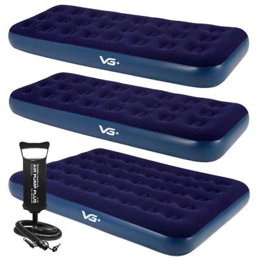 Imagem de Kit 2 Colchões Infláveis Solteiro + 1 Colchão Casal Flocked Comfort com Bomba Manual Vg...
