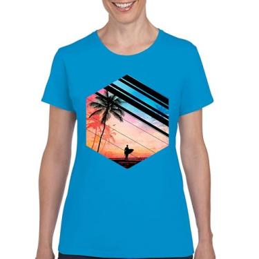 Imagem de Camiseta feminina Surfer Paradise Vintage Ocean Summer Surfing Wave Vacation Sea Beach Surfboard Peddle Boarding, Azul claro, XXG