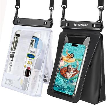 Imagem de Rynapac Bolsa de telefone flutuante à prova d'água – 2 pacotes com espaço duplo grande à prova d'água para iPhone 14 13 12 11 Pro Max XS XR Galaxy S21 Pixel até 8,6 polegadas, bolsa seca para férias (preto + branco)