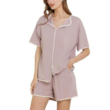 Imagem de Aprsfn Conjunto de 2 peças de pijama feminino modal lounge, manga curta, conjunto de pijama macio, Roxo claro, G