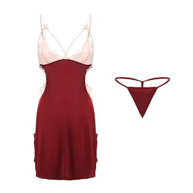 Imagem de PRIOKNIKO Roupa erótica camisa sexy lingerie sexy mulher renda transparente sexy camisa de alças de tamanho grande, vermelho 2, L, Vermelho 2, G