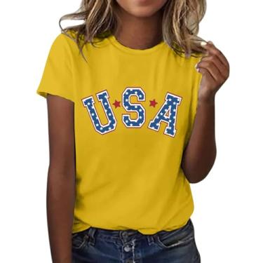 Imagem de Duobla Camisetas femininas de verão 2024 na moda 4 de julho camisetas com estampa de laço de cereja com coração fofo camiseta com letras engraçadas roupas modernas, A-2-amarelo, G