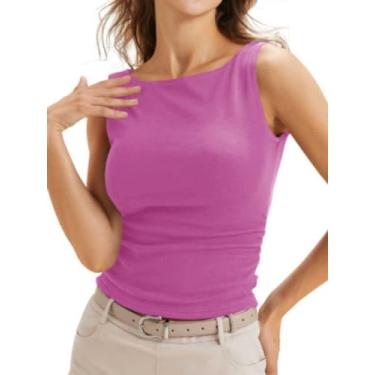 Imagem de Cicy Bell Camisetas femininas sem mangas franzidas com gola canoa de verão, Vermelho rosa, P