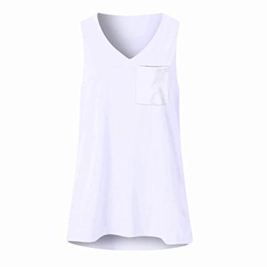 Imagem de Camisetas femininas de verão 2024 regatas básicas com gola em V sem mangas, camisas básicas com divisão lateral, Ofertas relâmpago branco, G