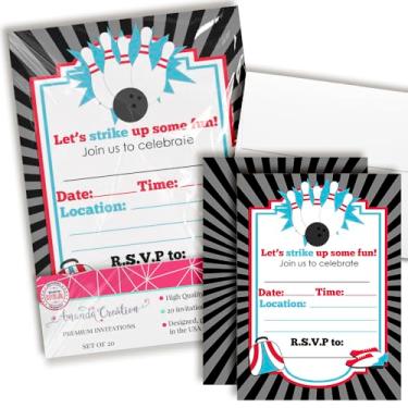 Imagem de Convites para festa de aniversário de boliche, 20 cartões de 12,7 x 17,7 cm com vinte envelopes brancos da AmandaCreation