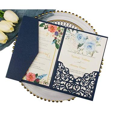 Imagem de 25 peças, 12,7 cm x 18,8 cm, ouro escuro, vinha, triplo, dobrável, bolso para convites de casamento, cartões, papel perolado, corte a laser, vazado, entalhe e saudações, convida apenas a não inserir envelope, Azul marinho, 126 x 185mm/5"x 7.28'