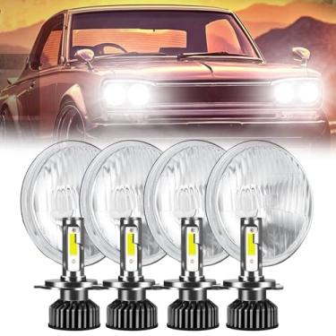 Imagem de HMCYCI Caixa de farol redonda de vidro H5006 H5001 de 14,6 cm + lâmpadas de farol H4/9003, conjunto de 4 refletores de feixe selado alto/baixo, visual clássico original