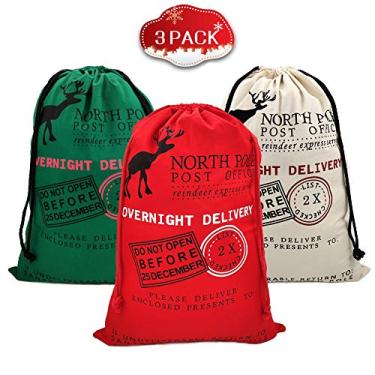Imagem de SumDirect 3 peças saco de Natal saco de papai noel grande sacos de lona com cordões para grande armazenamento de pacote de natal, suprimentos de festa para eventos saco de algodão lembrancinhas de festa sacolas de presente 70 x 50 cm